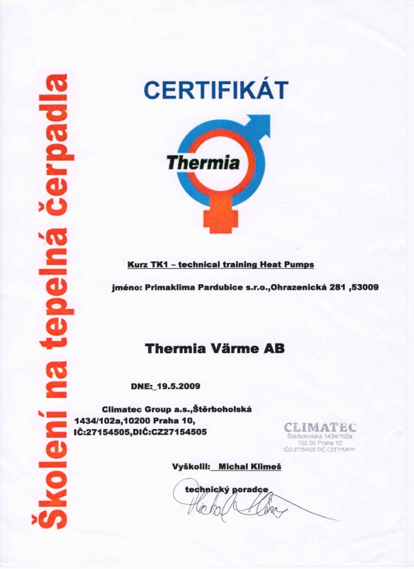 Prima Klima certifikát